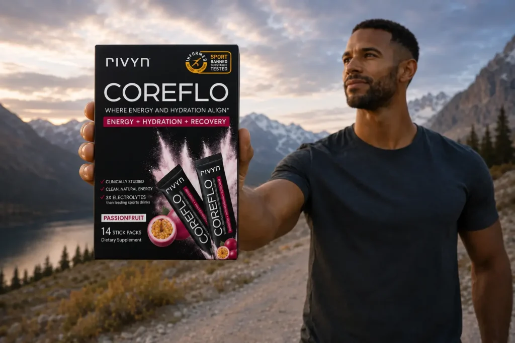 coreflo with man holding product